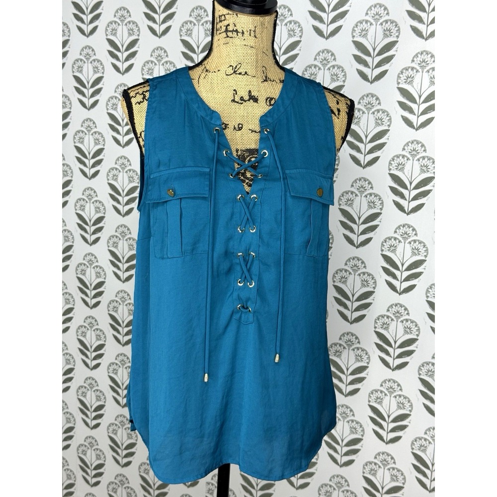 INC International Concepts Teal Blue Solid V-Neck Sleeveless Lace-Up Blouse L